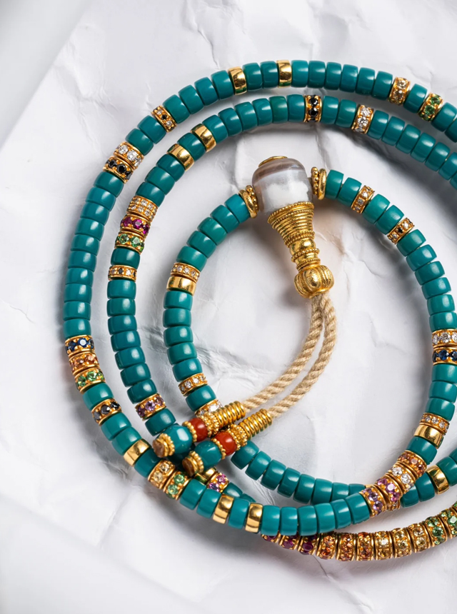 turquoise and gold diamond prayer beads